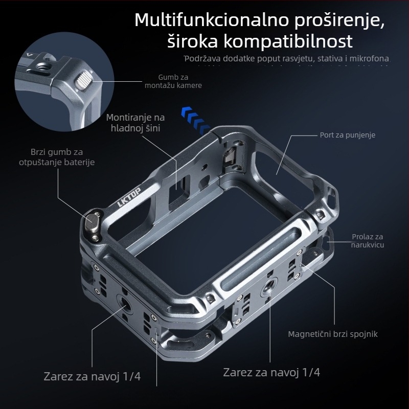 Aluminijski zaštitni okvir za Osmo Action 6, dizajn zajčje klijetke s dvostrukim otvaranjem, model AC-001, uključuje: 1× zajčja klijetka