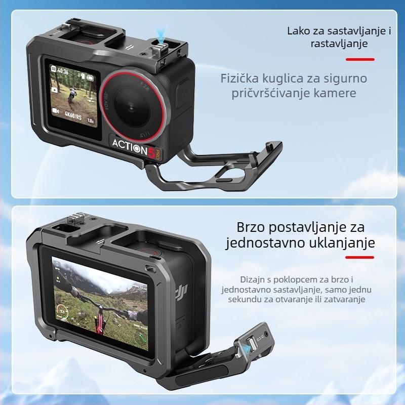 Hepail AC70 aluminijski okvir za kameru DJI Action 5 Pro/4/3 – okvir od aluminijske legure s dvostrukim hladnim cipelama za horizontalno i vertikalno snimanje
