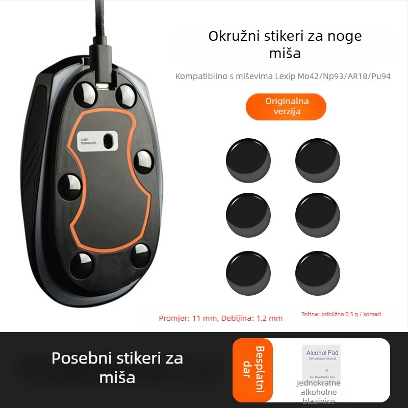 Mišja stopala - model 12233; kompatibilno s mišem; materijal: drugi; značajke: prijenos bez ljepila, glatko djelovanje, precizne utičnice/slotovi, izvrsna izrada; prilagođeni uzorci dostupni