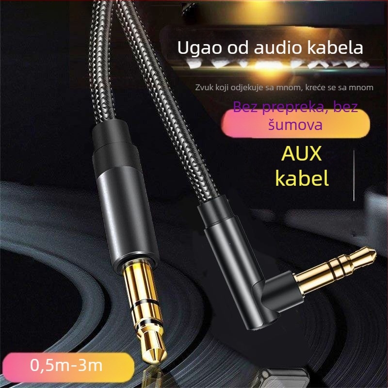 Kutni AUX kabel 3,5 mm za auto – zlatno premazan, CCA jezgro, vlaknasta žica, BV certifikat
