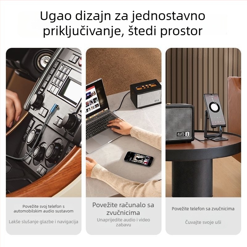 Kutni AUX kabel 3,5 mm za auto – zlatno premazan, CCA jezgro, vlaknasta žica, BV certifikat