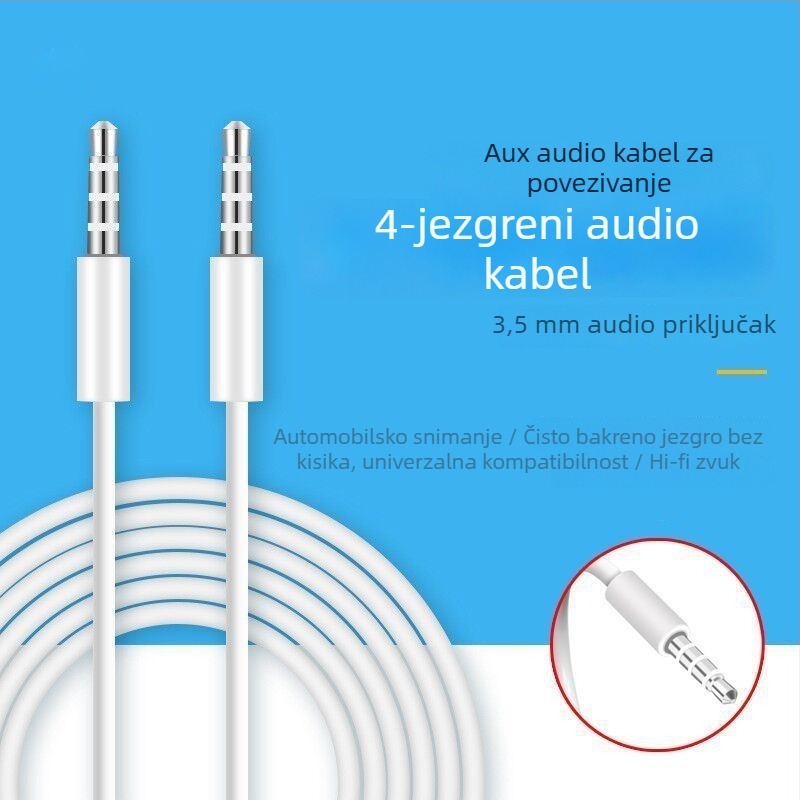 Kutni AUX kabel 3,5 mm za auto – zlatno premazan, CCA jezgro, vlaknasta žica, BV certifikat