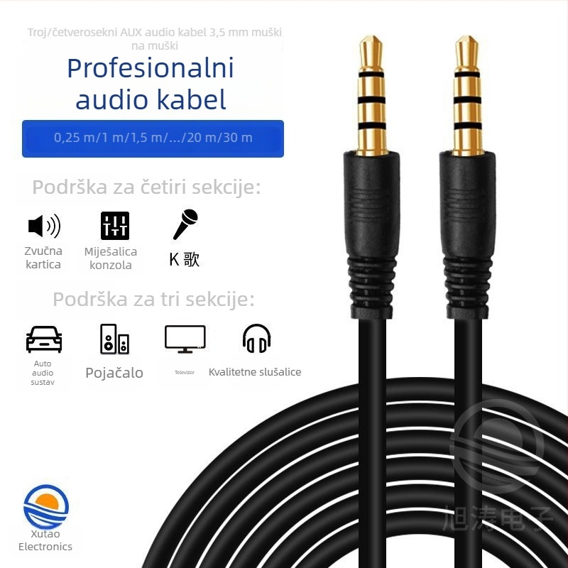 3,5 mm audio kabel, muški‑na‑muški, četiri vodiča, AV linija, zlatno pozlaćeni konektori, optičko vlakno, MP3 kompatibilan