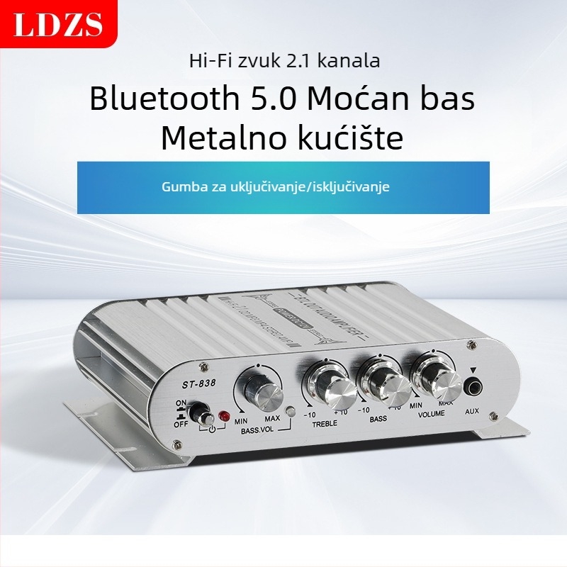 2.1-kanalno automobilsko pojačalo s Bluetooth ST-838 – 12V, 80Wx2+80W, 4–16 Ω, kućište od aluminijske legure