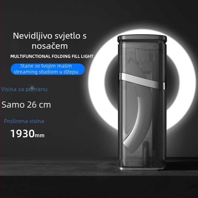 YY-1 rasvjeta za livestream, sklopiva kružna LED lampica 10W, visina 1930 mm, osnova 270×100×75 mm, za live, selfie, unutarnje/vanjske snimanje