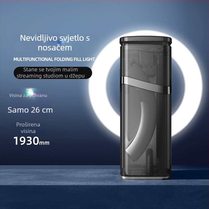YY-1 rasvjeta za livestream, sklopiva kružna LED lampica 10W, visina 1930 mm, osnova 270×100×75 mm, za live, selfie, unutarnje/vanjske snimanje