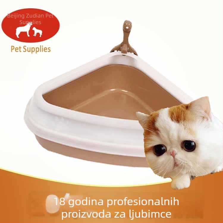 Mačja toaletna kutija u trokutastom kutu, poluotvoren s visokim bočnim rubovima, plastična, ekološki prihvatljiva, otporna na habanje, pijeskovana završna površina, uključena lopatica