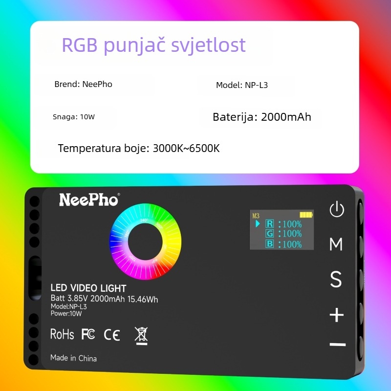 NP-L3 RGB fotografija dopunjujuće svjetlo za mobitel – prijenosno ručno svjetlo za live streaming i fotografiju, višenamjensko podešavanje, <10W, 3,7V