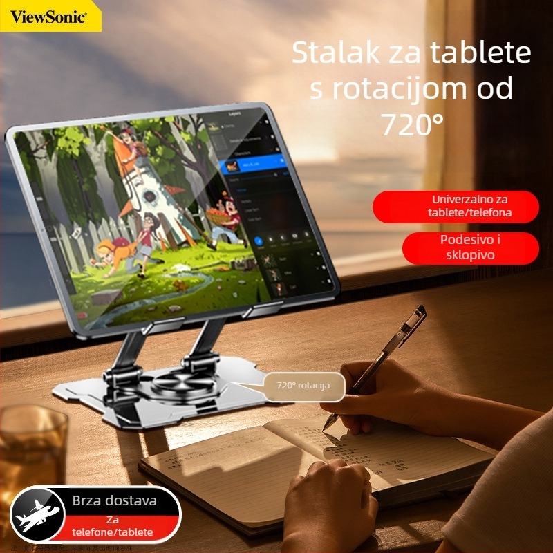 Metalni stolni držač H25 s rotacijom 720°; OEM proizvodnja; težina 400 g; kompatibilan s iPadom, iPhoneom i iPod touch.