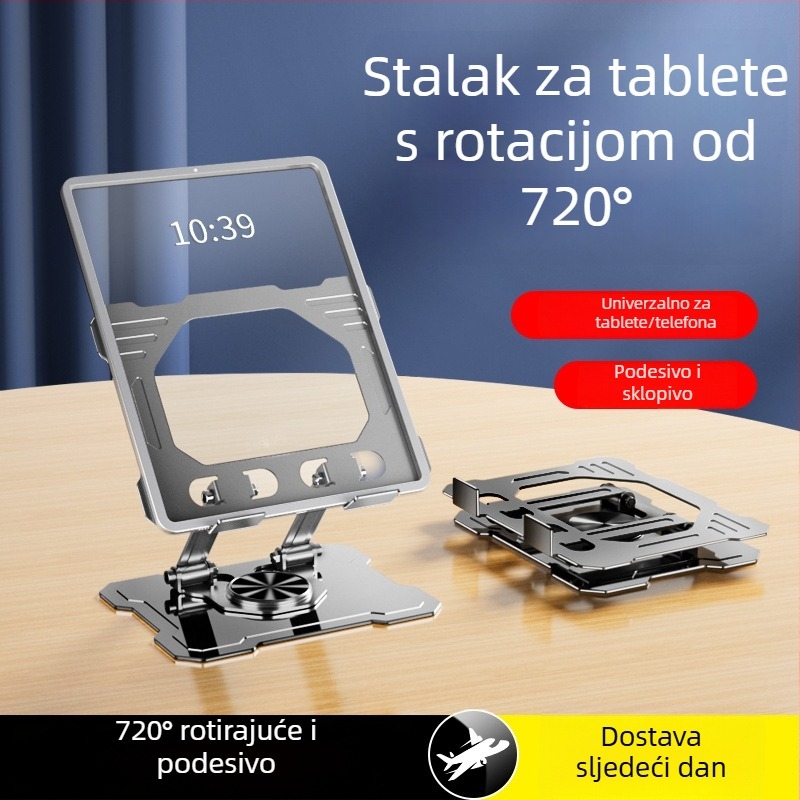 Metalni stolni držač H25 s rotacijom 720°; OEM proizvodnja; težina 400 g; kompatibilan s iPadom, iPhoneom i iPod touch.