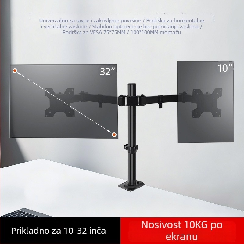 Dualni stolni nosač za monitore – Okretanje, ergonomska prilagodba, podizanje; Materijal: SPCC hladno valjani čelik; Model TH-MT-022N; Kompatibilno s računalnim monitorima; Težina: 3,1 kg; Stil: Rotirajući