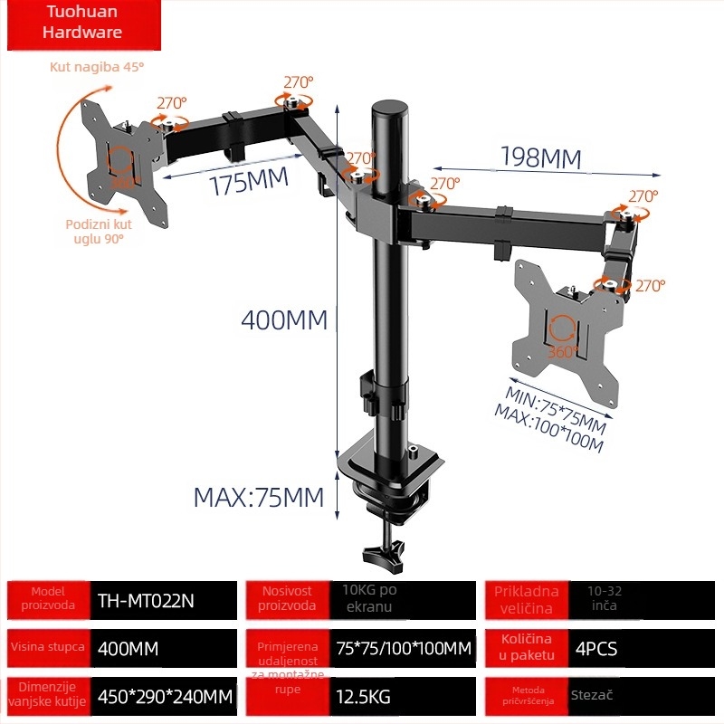 Dualni stolni nosač za monitore – Okretanje, ergonomska prilagodba, podizanje; Materijal: SPCC hladno valjani čelik; Model TH-MT-022N; Kompatibilno s računalnim monitorima; Težina: 3,1 kg; Stil: Rotirajući