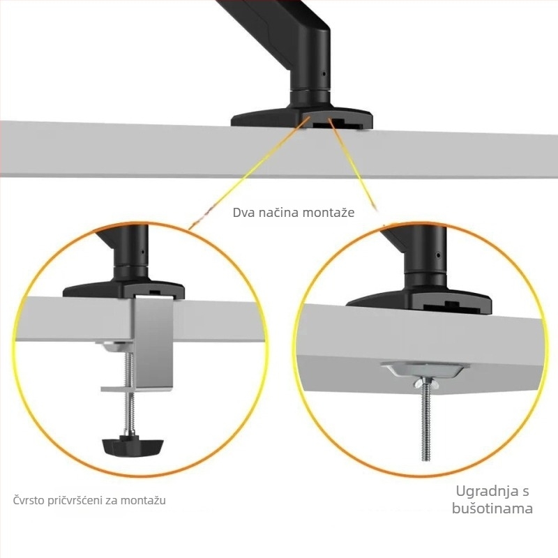 Monitor nosač s plinskom podrškom i rotirajućim mehaničkim ramenom, stolni držač zaslona, tip podizanja. Materijal: željezo + aluminijska legura + plastika; Težina: 2,0 kg; Model: jednoruki nosač s plinskom podrškom.