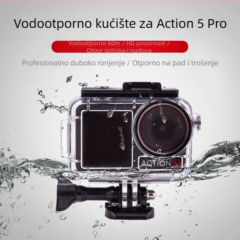 Univerzalno vodootporno kućište za DJI Action 5 Pro / 4 / 3 | Materijali: akrilik + kaljeno staklo + 316 nehrđajući čelik | Težina: 90 g | Pakiranje: vodootporno kućište, dugi vijci, baza | Prilagodljiv logotip