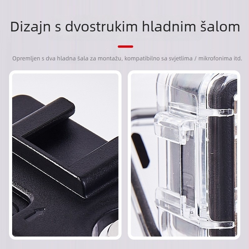 Univerzalno vodootporno kućište za DJI Action 5 Pro / 4 / 3 | Materijali: akrilik + kaljeno staklo + 316 nehrđajući čelik | Težina: 90 g | Pakiranje: vodootporno kućište, dugi vijci, baza | Prilagodljiv logotip