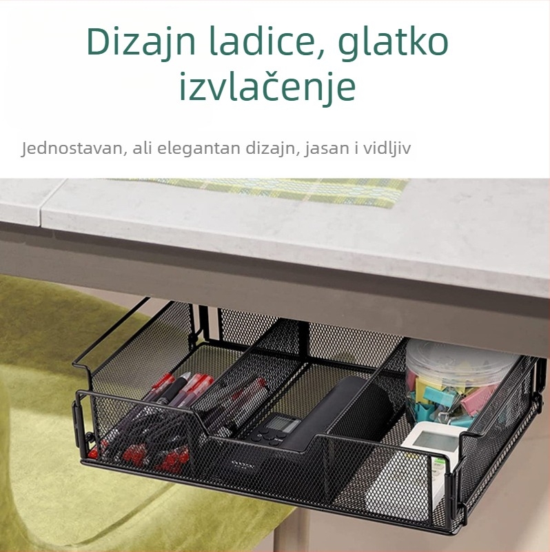 Regal za pohranu ispod stola, sklopni, višestruke namjene, od karbonskog čelika, ugradnja na stolnu ploču, 1 razina