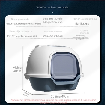 Potpuno zatvorena kutija za mačji pijesak s dvostrukim vratima, dizajn protiv prskanja, stražnji preklopni poklopac, plastična konstrukcija, Han Han Pet