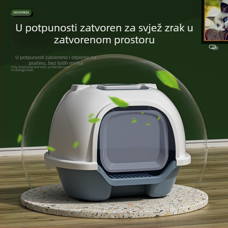 Potpuno zatvorena kutija za mačji pijesak s dvostrukim vratima, dizajn protiv prskanja, stražnji preklopni poklopac, plastična konstrukcija, Han Han Pet