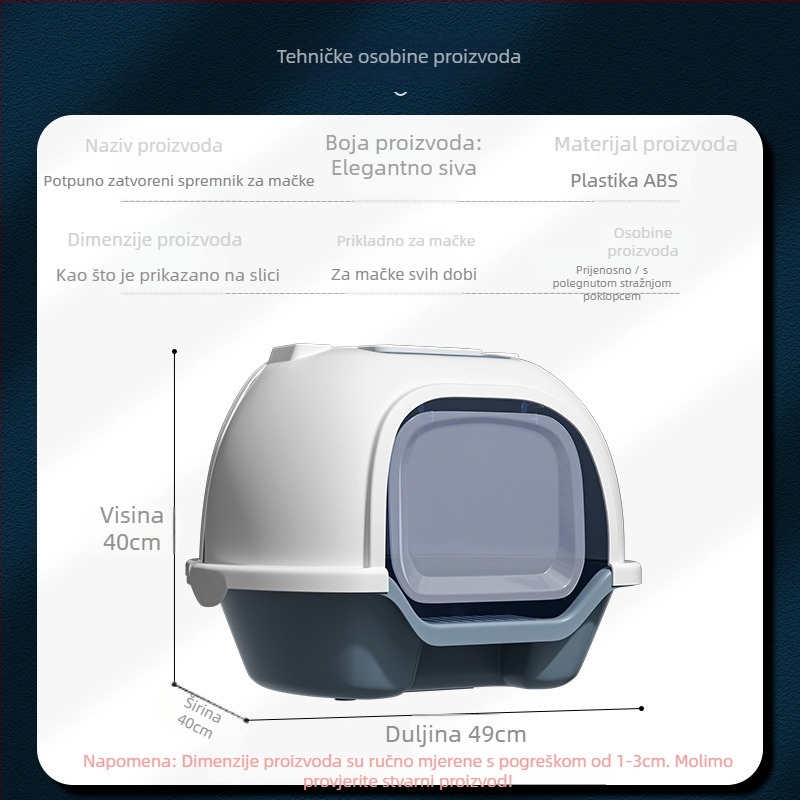 Potpuno zatvorena kutija za mačji pijesak s dvostrukim vratima, dizajn protiv prskanja, stražnji preklopni poklopac, plastična konstrukcija, Han Han Pet