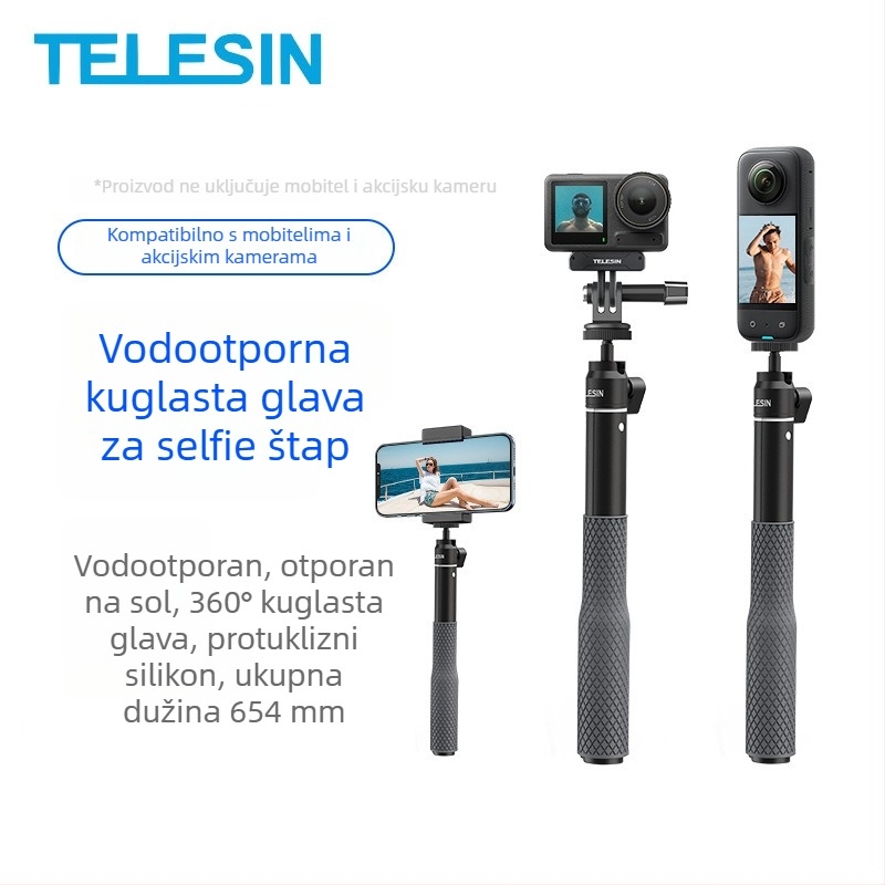 TELESIN Selfie štap od aluminijske legure s vodootpornom kuglastom glavom, GoPro produžni štap, univerzalno za sportske kamere i mobitele, model WSS-001