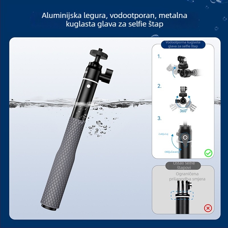 TELESIN Selfie štap od aluminijske legure s vodootpornom kuglastom glavom, GoPro produžni štap, univerzalno za sportske kamere i mobitele, model WSS-001