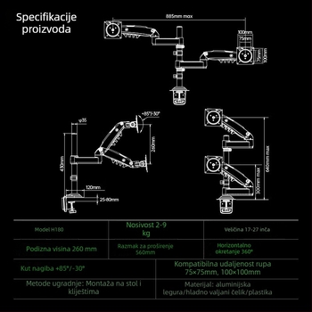 NB Ergonomic H180 Dvostruka držač za monitore s podizanjem, Lift tip, kompatibilan VESA 75×75–100×100 mm, materijal: aluminijska legura + ABS, masa 6,1 kg