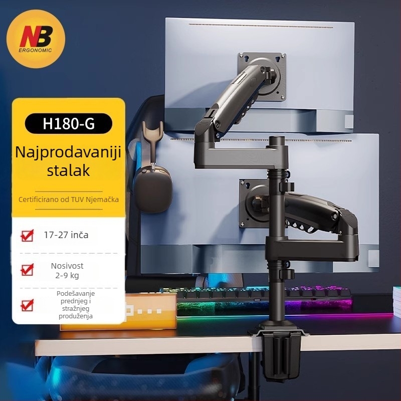 NB Ergonomic H180 Dvostruka držač za monitore s podizanjem, Lift tip, kompatibilan VESA 75×75–100×100 mm, materijal: aluminijska legura + ABS, masa 6,1 kg