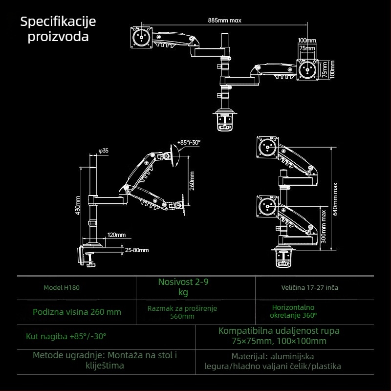 NB Ergonomic H180 Dvostruka držač za monitore s podizanjem, Lift tip, kompatibilan VESA 75×75–100×100 mm, materijal: aluminijska legura + ABS, masa 6,1 kg