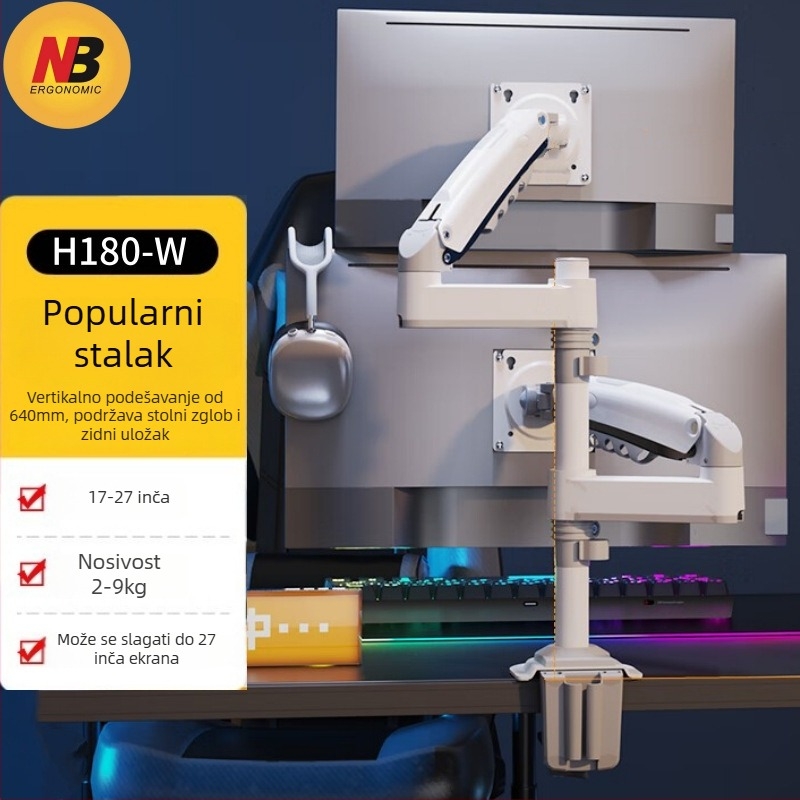 NB Ergonomic H180 Dvostruka držač za monitore s podizanjem, Lift tip, kompatibilan VESA 75×75–100×100 mm, materijal: aluminijska legura + ABS, masa 6,1 kg