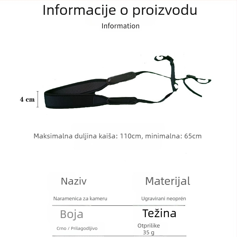 Kamera kaiš s brzim otpuštanjem, podesiva duljina, materijal za ronjenje, nosivost do 3 kg, kompatibilan sa svim fotoaparatima