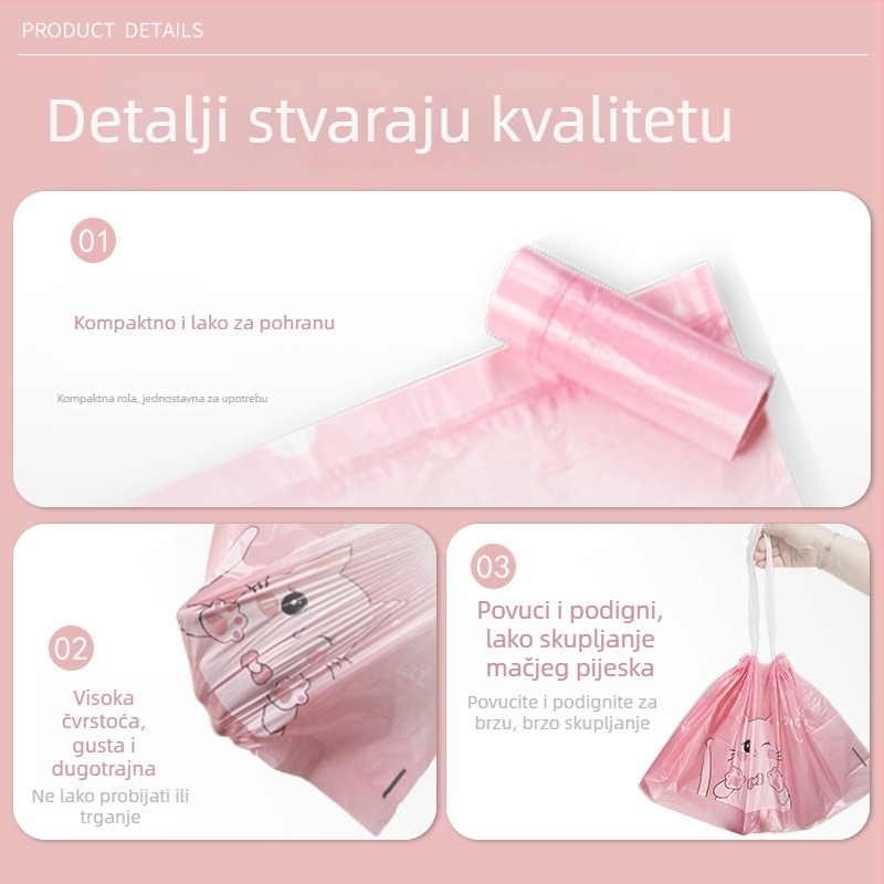 Torba za mačji izmet s vrpcom, debela, prijenosna, HDPE/LDPE