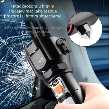 Višenamjenski sigurnosni čekić s LED lampom – aluminijsko telo, punjiva LED, optički zum, zaštita od preopterećenja