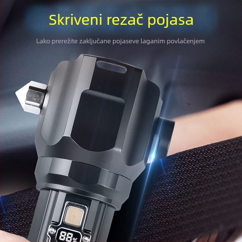 Višenamjenski sigurnosni čekić s LED lampom – aluminijsko telo, punjiva LED, optički zum, zaštita od preopterećenja