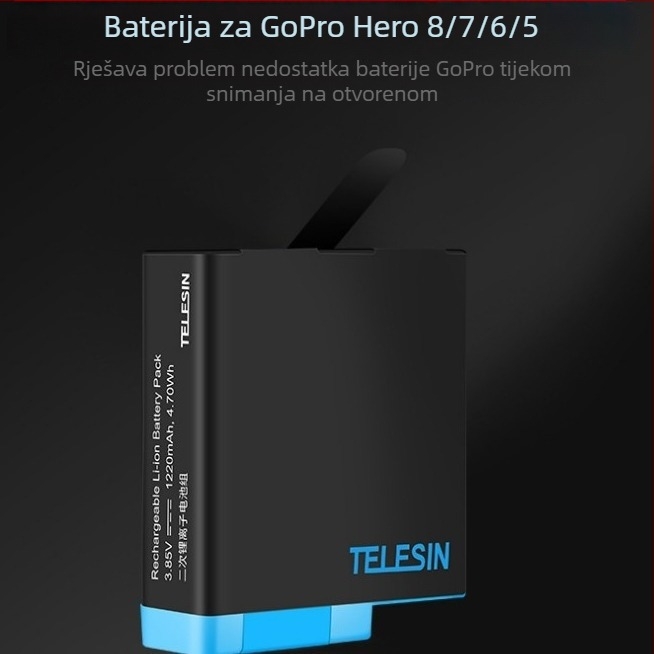 TELESIN litij-ionska baterija za GoPro 5/6/7/8 — ublažavanje udara, otporno na padove, pogodna za selfie