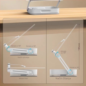 Akrilni stalak za tablet s kutijom za pohranu, 360° prilagodljiv, model R22h, duljina kabela 340 mm, masa 1,413 kg
