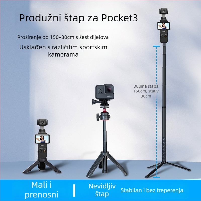 Selfie štap s tripodom i gimbal stabilizatorom za akcijske kamere – univerzalna kompatibilnost, prijenos uživo videa, vlog