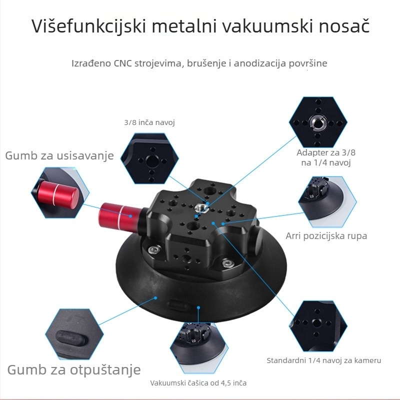 Auto držač s vakuom za kameru — aluminijska legura, nosivost 50 kg, kompatibilan s mikro kamerama, pametnim telefonima i DSLR (Model G-S-006A)
