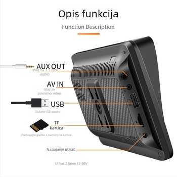 Automobilski navigacijski sustav s bežičnim CarPlayom, MP5 multimedijom i Bluetoothom, podržava AVI/MP4 video formate, microSD karticu