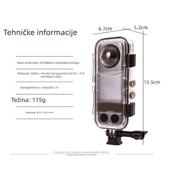 Insta360 X4 vodootporno kućište s 360° staklenim lećama – dodaci, Model A-ISX4-WC-GL, Materijali: PC + kaljeno staklo + 316 nehrđajući čelik