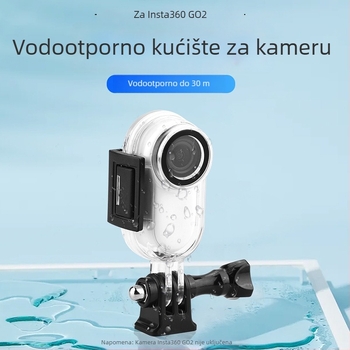 Vodootporan zaštitni kućište za Insta360 Go2 palac kameru; materijal PC + kaljeno staklo + nehrđajući čelik; kompatibilno Go2; logo OK; uključuje: kućište, 1/4-inch baza, vijci, ključ