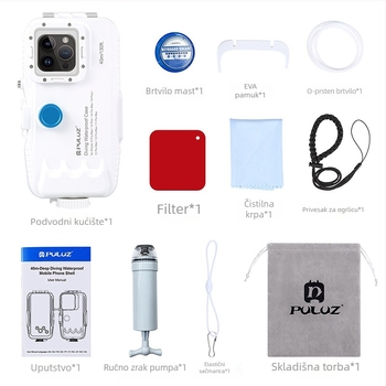 Vodootporan potapajući kućište za iPhone 12–15 seriju — ABS+PC, dubina 40 m, model PU9116/PU9115