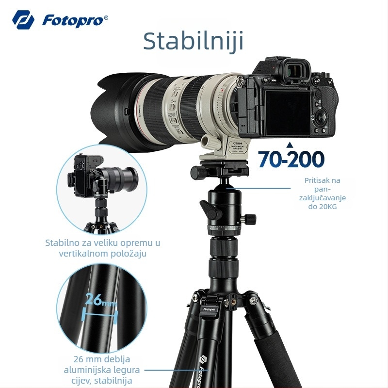 Fotopro A4i Kamerastiativ s kugličnom glavom, 4-dijelni aluminijski spoj, odvojivi monopod, nosivost 6-10 kg