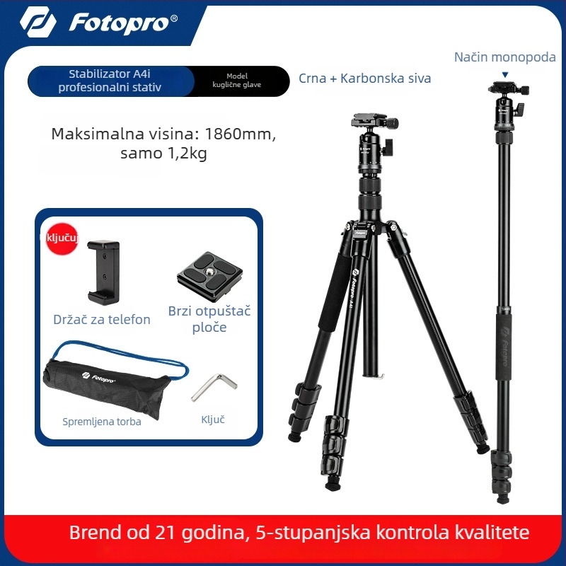 Fotopro A4i Kamerastiativ s kugličnom glavom, 4-dijelni aluminijski spoj, odvojivi monopod, nosivost 6-10 kg