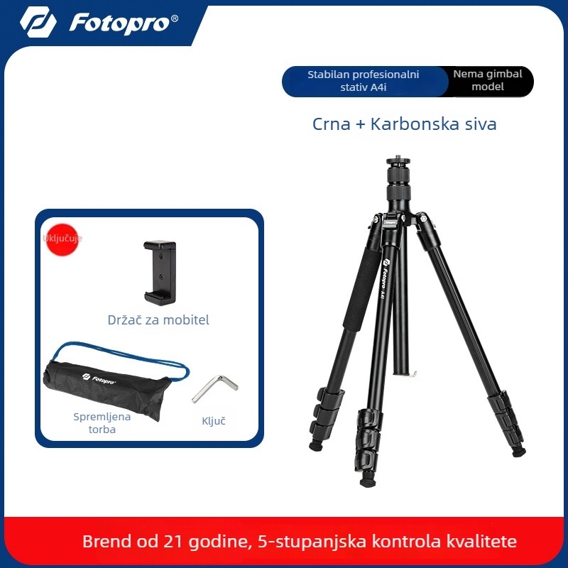 Fotopro A4i Kamerastiativ s kugličnom glavom, 4-dijelni aluminijski spoj, odvojivi monopod, nosivost 6-10 kg