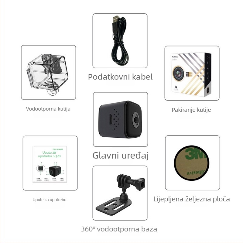 SQ28 vanjska sportska kamera, vodootporna 1080p videa, fotografije 1–5 MP, pohrana na memorijsku karticu, trajanje baterije 1–3 sata