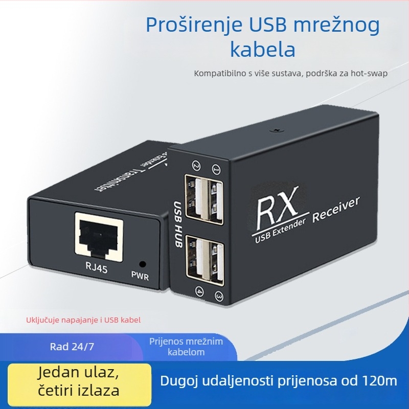 USB extender Hue104, universalna kompatibilnost, duljina kabla do 120 m, rezolucija 1920x1080, daljinsko buđenje nije podržano, upravljanje napajanjem nije podržano