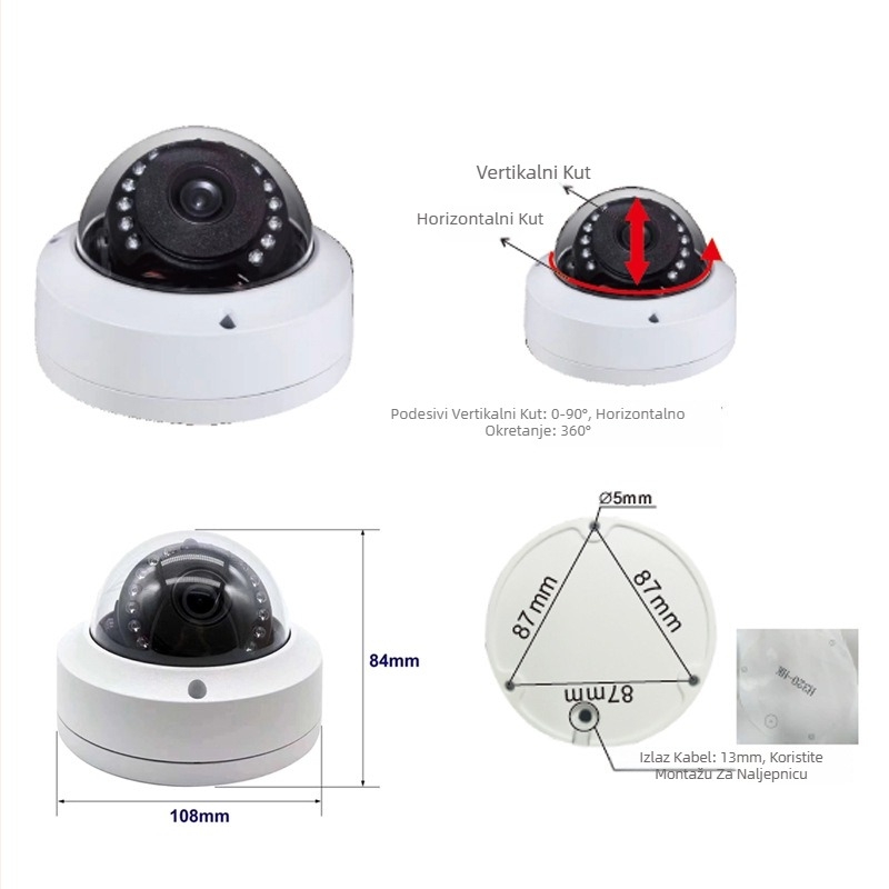 Metalno kućište kamere za nadzor, eksplozijski otporno hemisferično kućište za vanjsku upotrebu, za vozila, DF model, 360° rotacija, CVBS/AHD, rezolucija 1024x600