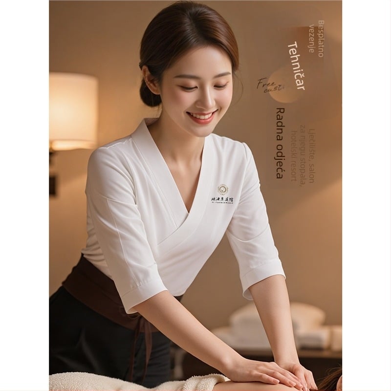 Ženska spa uniforma za masažu stopala – brzo se sušeći poliester/elastan, gornji dio s 3/4 rukavima i poluotvorenim ovratnikom, capri hlače