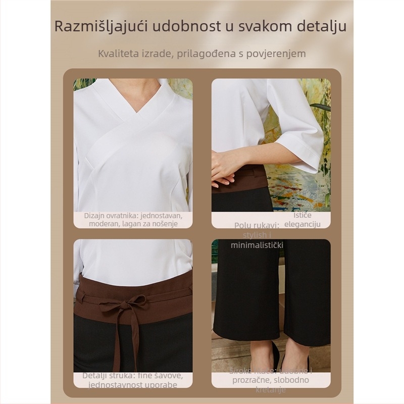 Ženska spa uniforma za masažu stopala – brzo se sušeći poliester/elastan, gornji dio s 3/4 rukavima i poluotvorenim ovratnikom, capri hlače