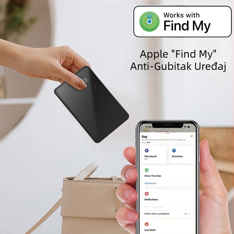 TR202 Kartični tracker s NFC bežičnim punjenjem, 110mAh baterija, tijelo od ABS-staklo, domet ≥40 m, kompatibilan s iOS-om, za novčanike, torbe i bicikle